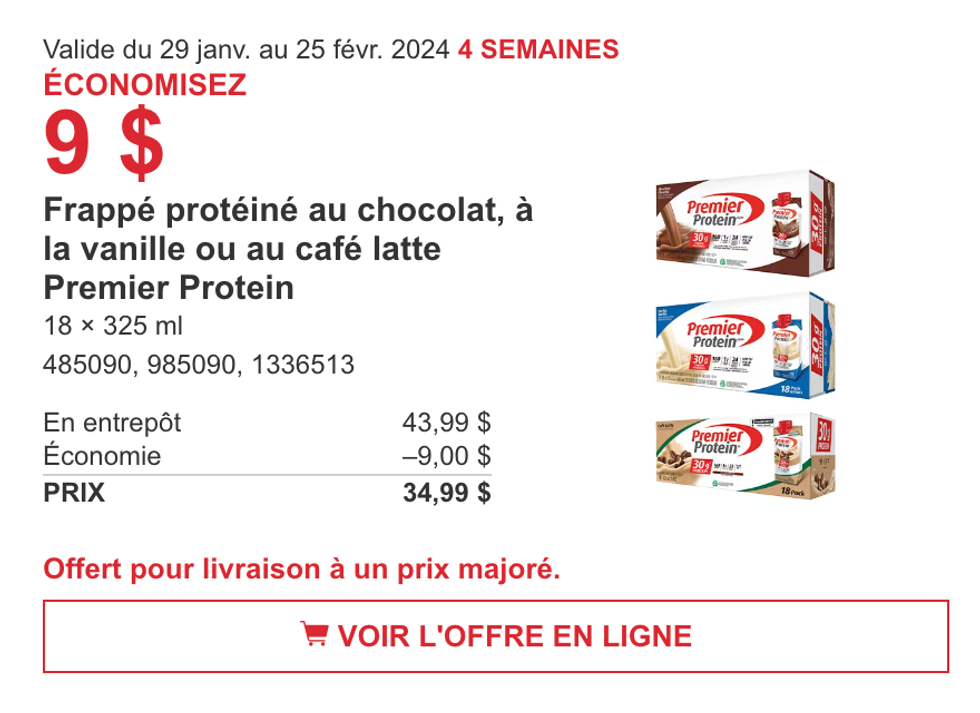Promotion de la circulaire du Costco sur les frapp\u00e9s prot\u00e9in\u00e9s au chocolat, \u00e0 la vanille ou au caf\u00e9 latte de Premier Protein.