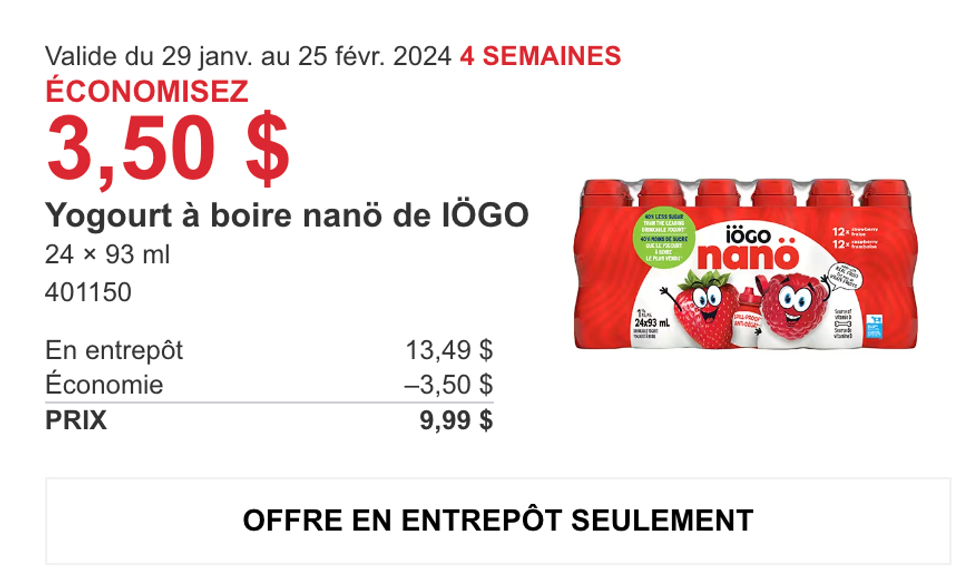 Promotion de la circulaire du Costco sur les yogourt \u00e0 boire nan\u00f6 de I\u00d6GO.