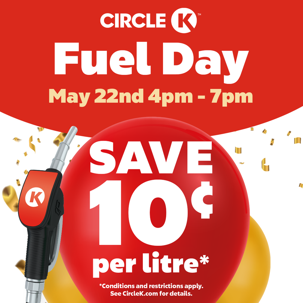 Promotional image for Fuel Day featuring gold streamers, a gas pump and the date and time of Circle K Fuel Day, May 22, 4-7 p.m.