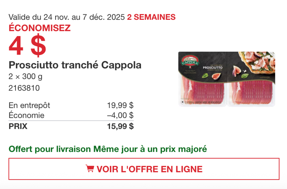 Prosciutto tranch\u00e9 Cappola sur le site de Costco.