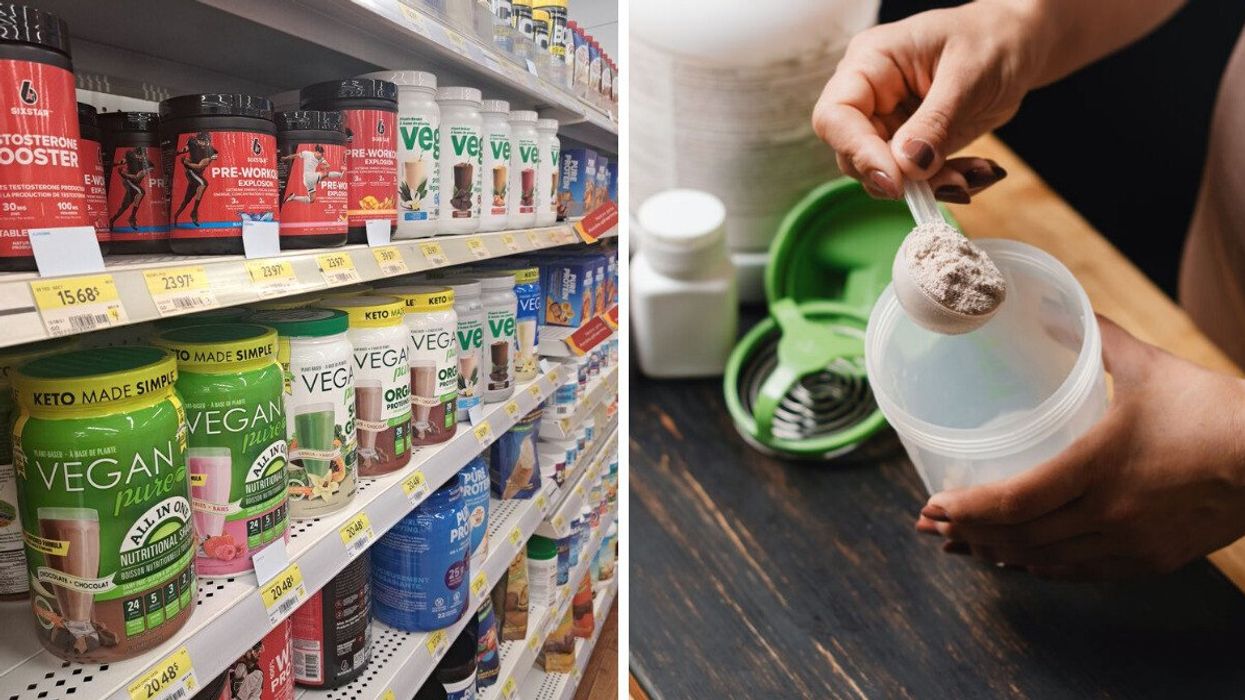 Protein on a shelf at Walmart. Right: A person adds protein powder to a shaker.