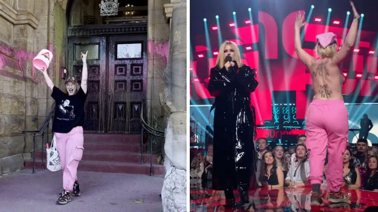 Protester Ever after throwing pink paint on the prime minister's office building. Right: Ever on stage topless at the Juno Awards.