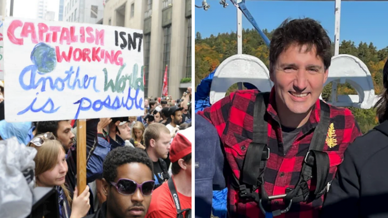 Protesters hold a sign reading, "capitalism isn't working, another world is possible." Right: PM Trudeau about to bungee jump.