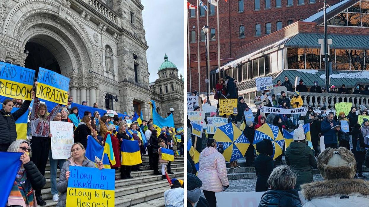 Protestors gather in Victoria, B.C. (left) and Fredericton, N.B. (right).