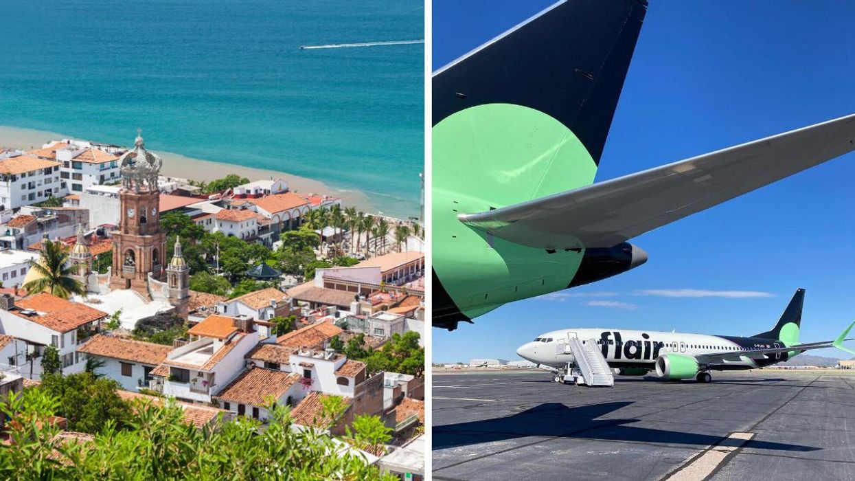 Puerto Vallarta, Mexico. Right: A Flair Airlines plane.