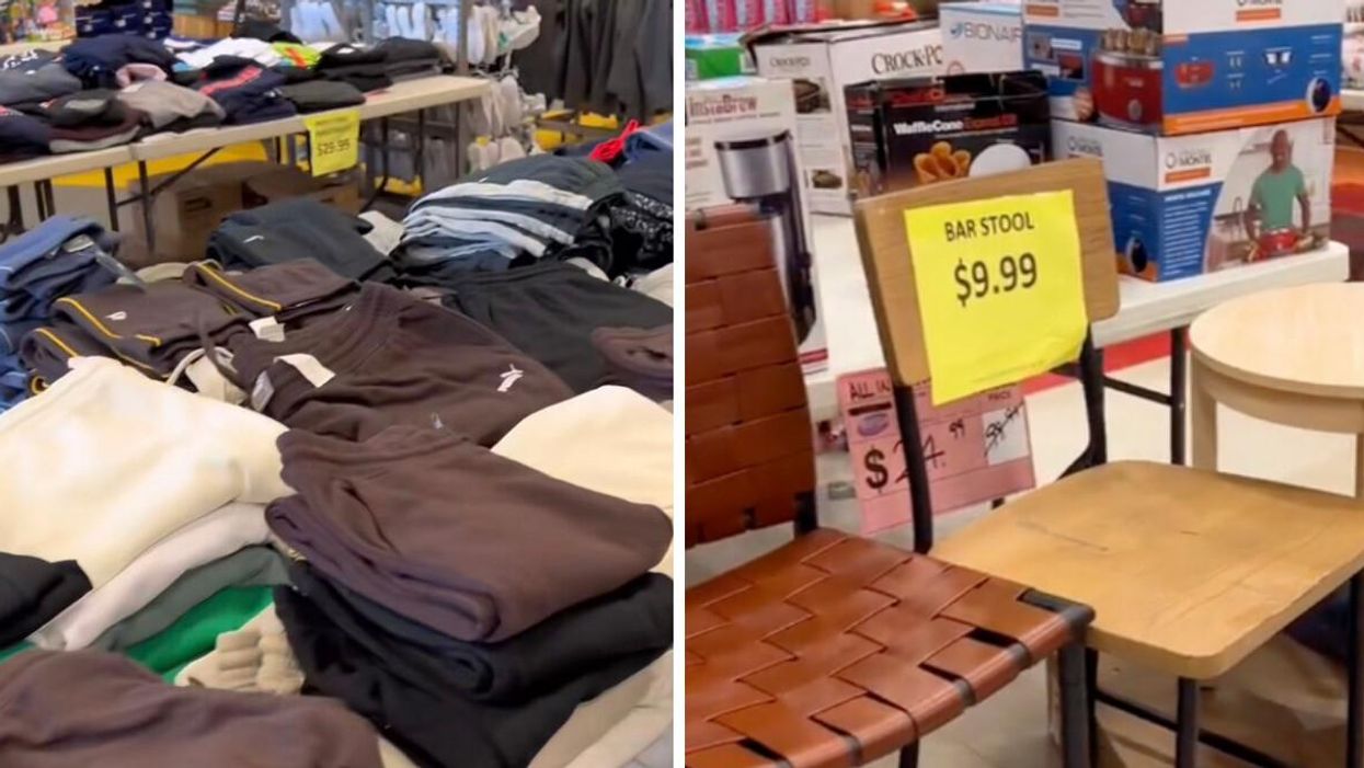 Puma sweatpants at a store. Right: A bar stool for $9.99.