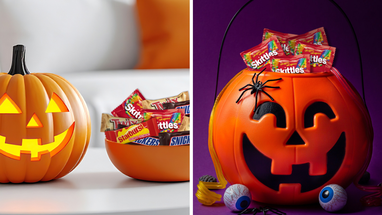 Pumpkin decor beside a bowl of Halloween candy including Twix, Skittles, Snickers, and Starburst. Right: Jack-o'-lantern candy bucket filled with Skittles packs and spooky Halloween decorations.