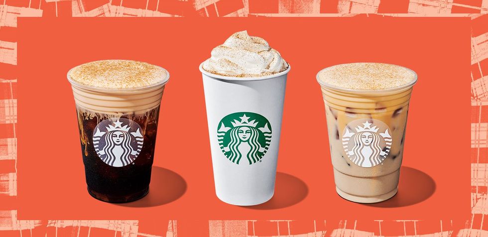 Pumpkin drink line-up at Starbucks.