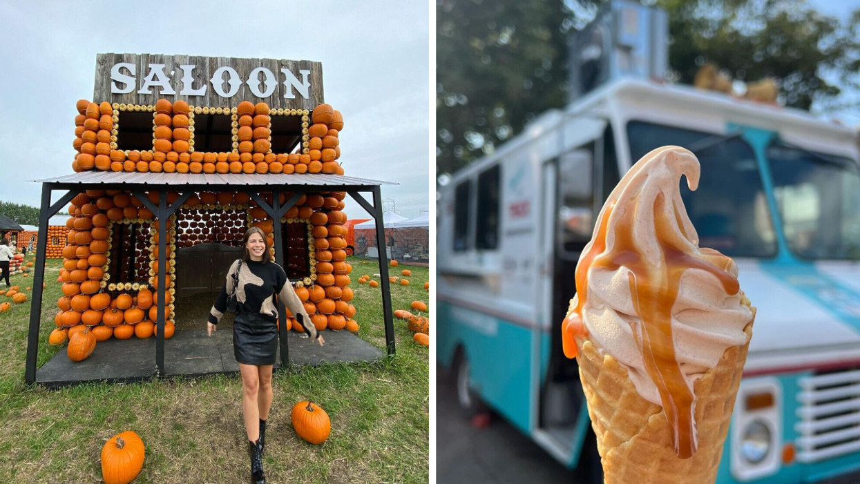 Pumpkin saloon at Citrouilleville. Right: Pumpkin ice cream.