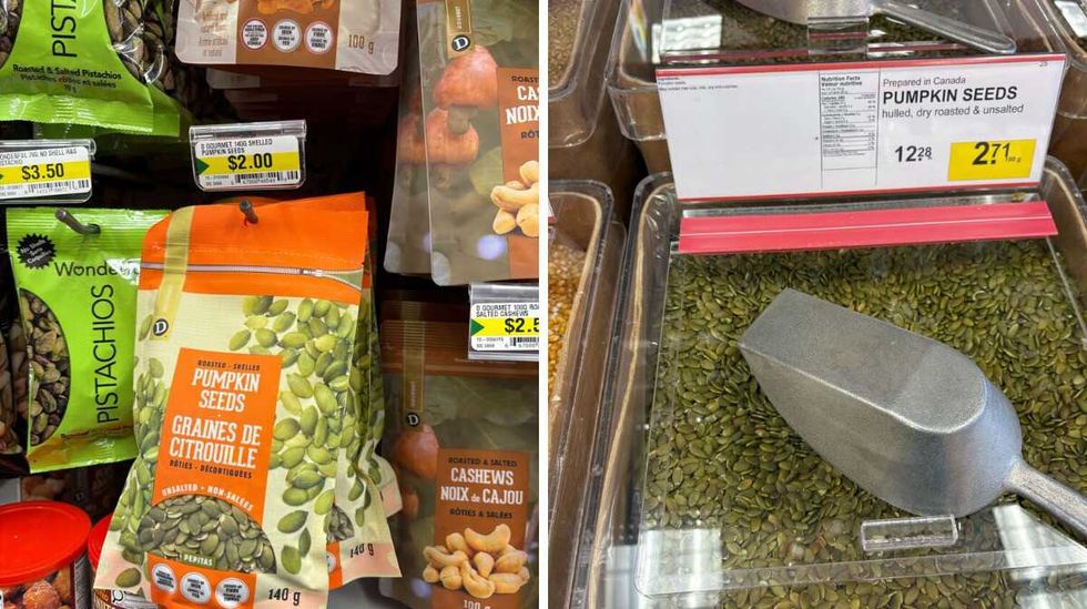 Pumpkin seeds at Dollarama. Right: Pumpkin seeds at Bulk Barn.