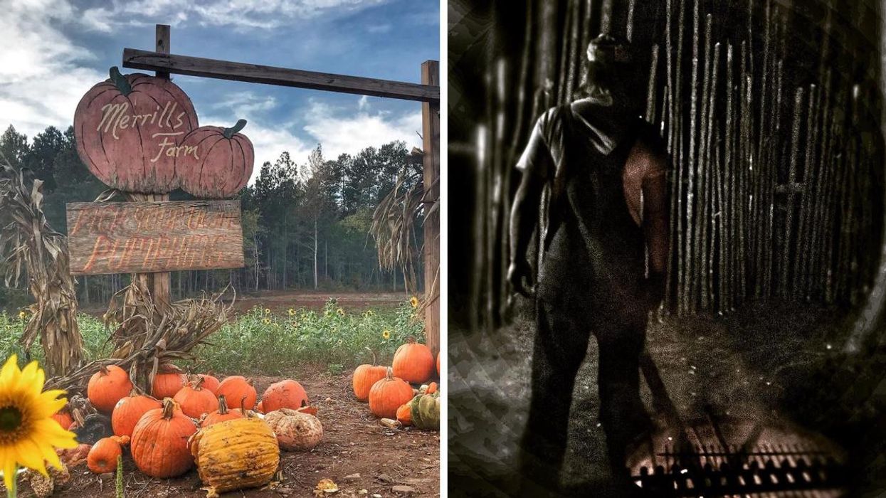 Pumpkins at the Sleepy Hollow farm. Right: A man in overalls in the woods at night.