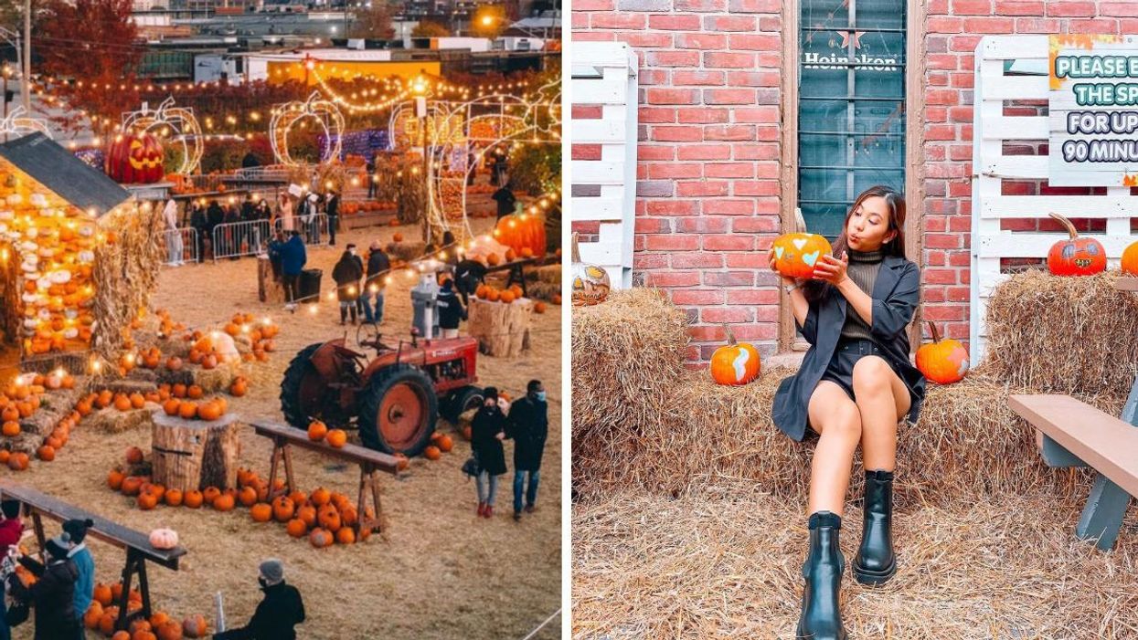 Pumpkinville event in Toronto. Right: Woman sitting on a hay bale holding a pumpkin.
