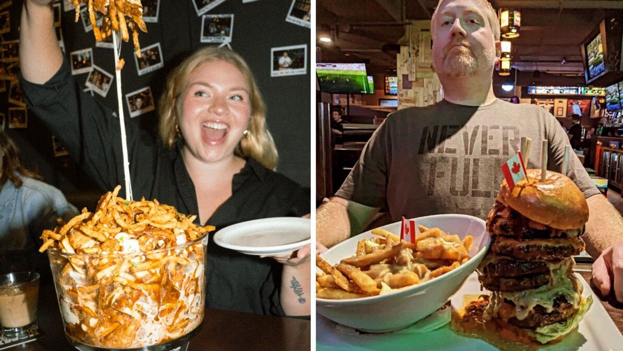 Punchbowl full of poutine at Leopold's Tavern. Right: Person with a giant burger and poutine.