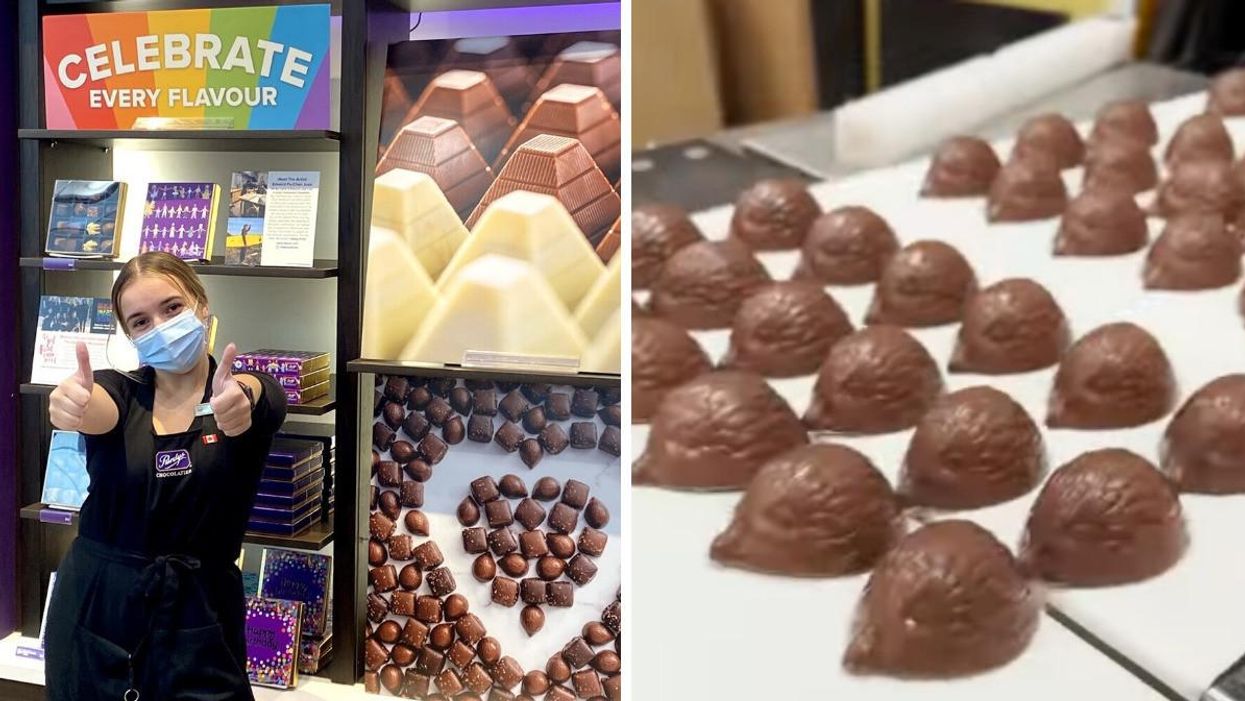 Purdys Chocolatier employee in front of boxes of chocolates. Right: Purdys hedgehog chocolates on an assembly line.