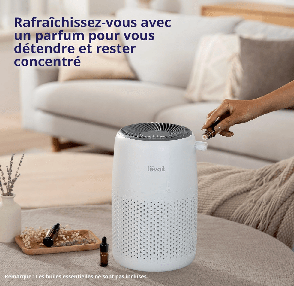 Purificateur d\u2019air 3-en-1 LEVOIT, vendu sur Amazon Canada, utilis\u00e9 avec des huiles essentielles.