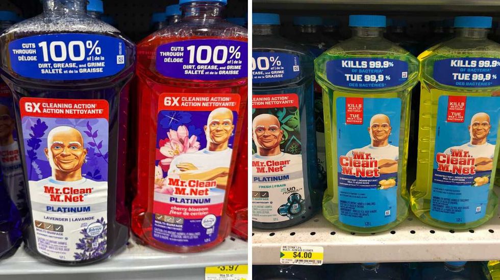Purple and pink bottles of \u200bMr. Clean multipurpose cleaner. Right: Yellow and blue bottles of \u200bMr. Clean multipurpose cleaner on a store shelf.