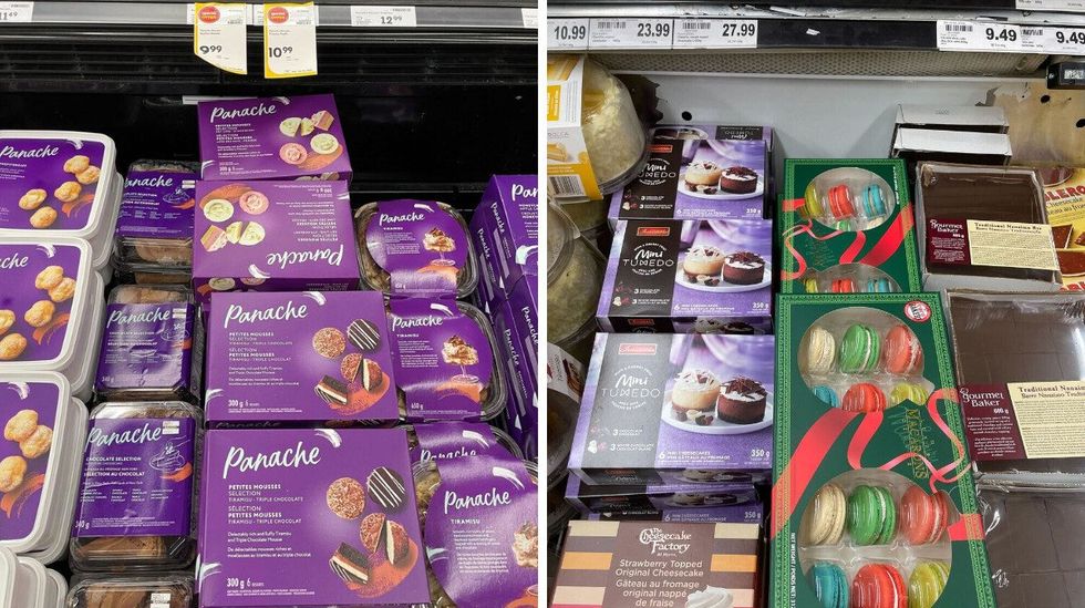 purple package with mini mousses at sobeys. right: purple pack of mini cheesecakes at metro.