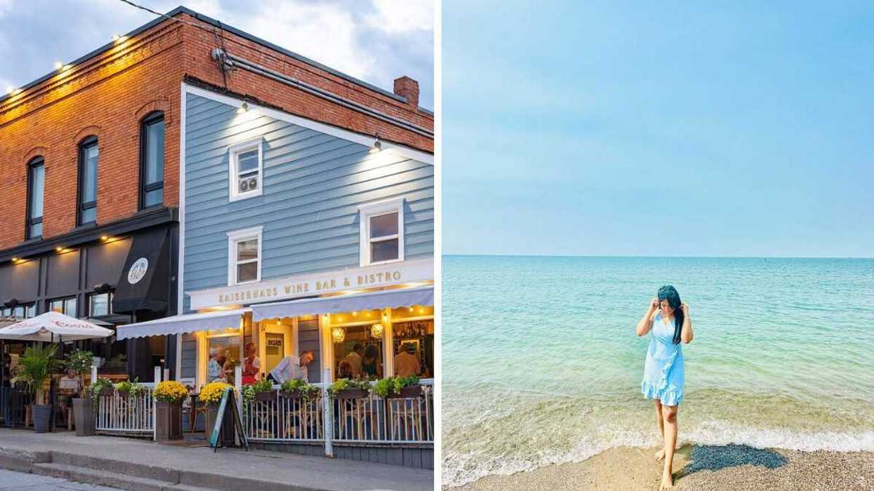 Quaint buildings along a street. Right: A person standing on a beach.