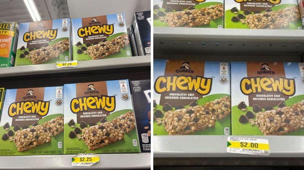 quaker chewy chocolate chip granola boxes on dollarama shelves in 2025. right: quaker chewy chocolate chip granola boxes on dollarama shelves in 2023