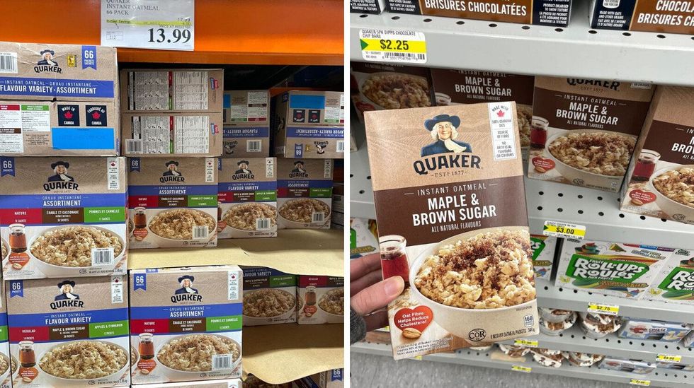 quaker oatmeal boxes at costco. right: person holding box of quaker oatmeal at dollarama