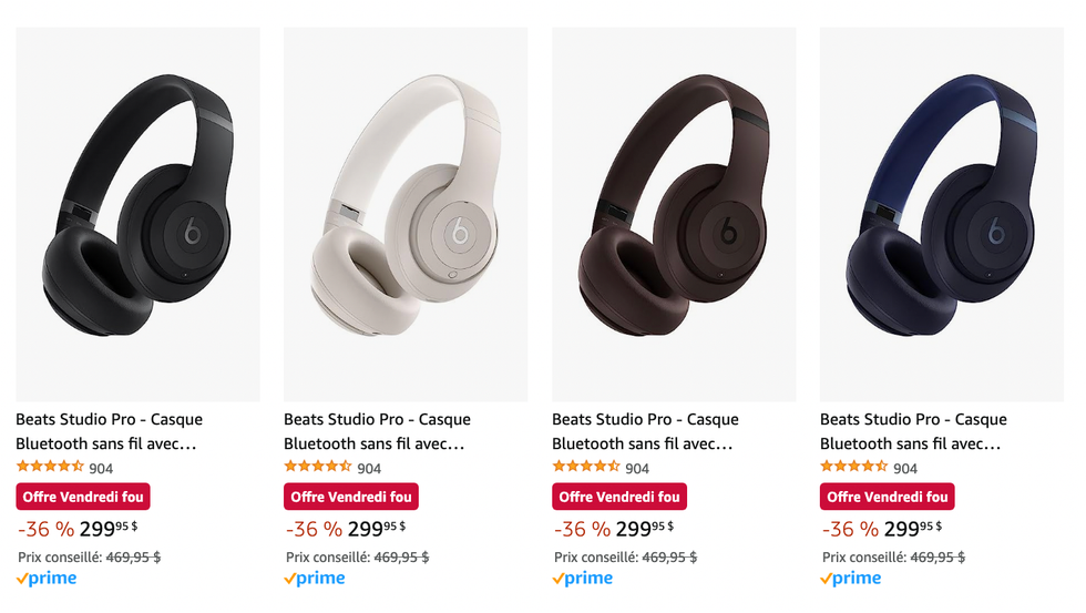 Quatre casques d'\u00e9couteurs Beats Studio Pro : noir, beige, brun et marine.