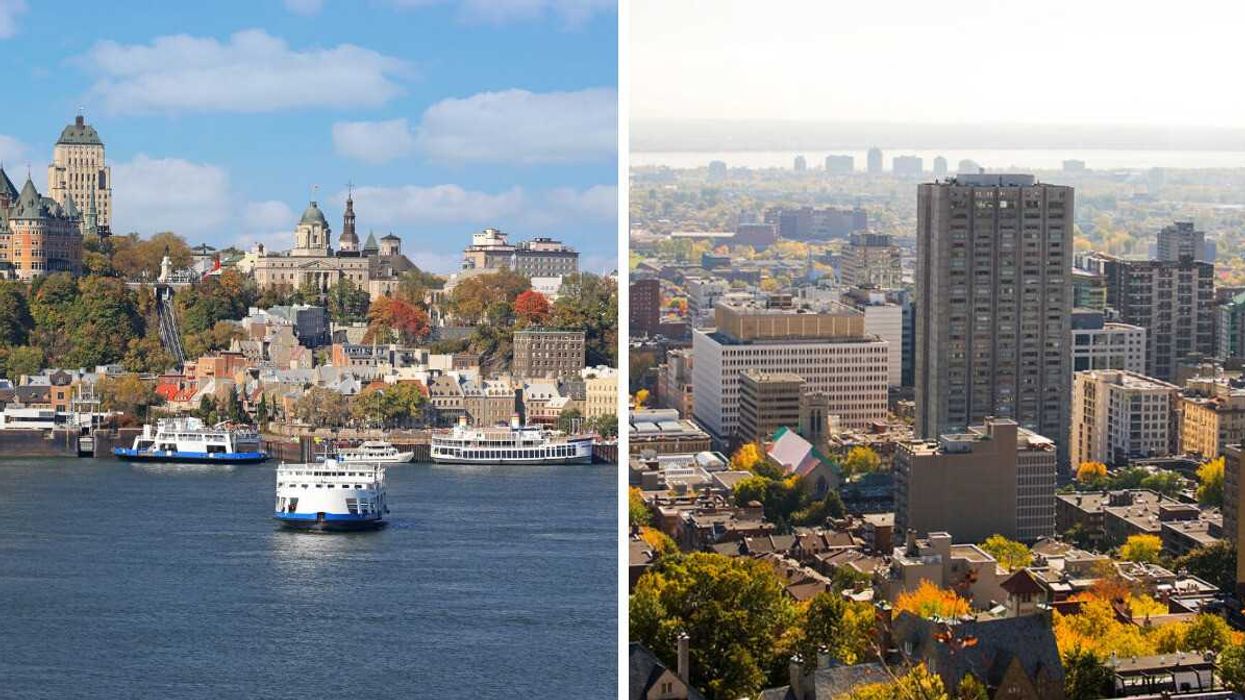Quebec City skyline. Right: Aerial view of Montreal.