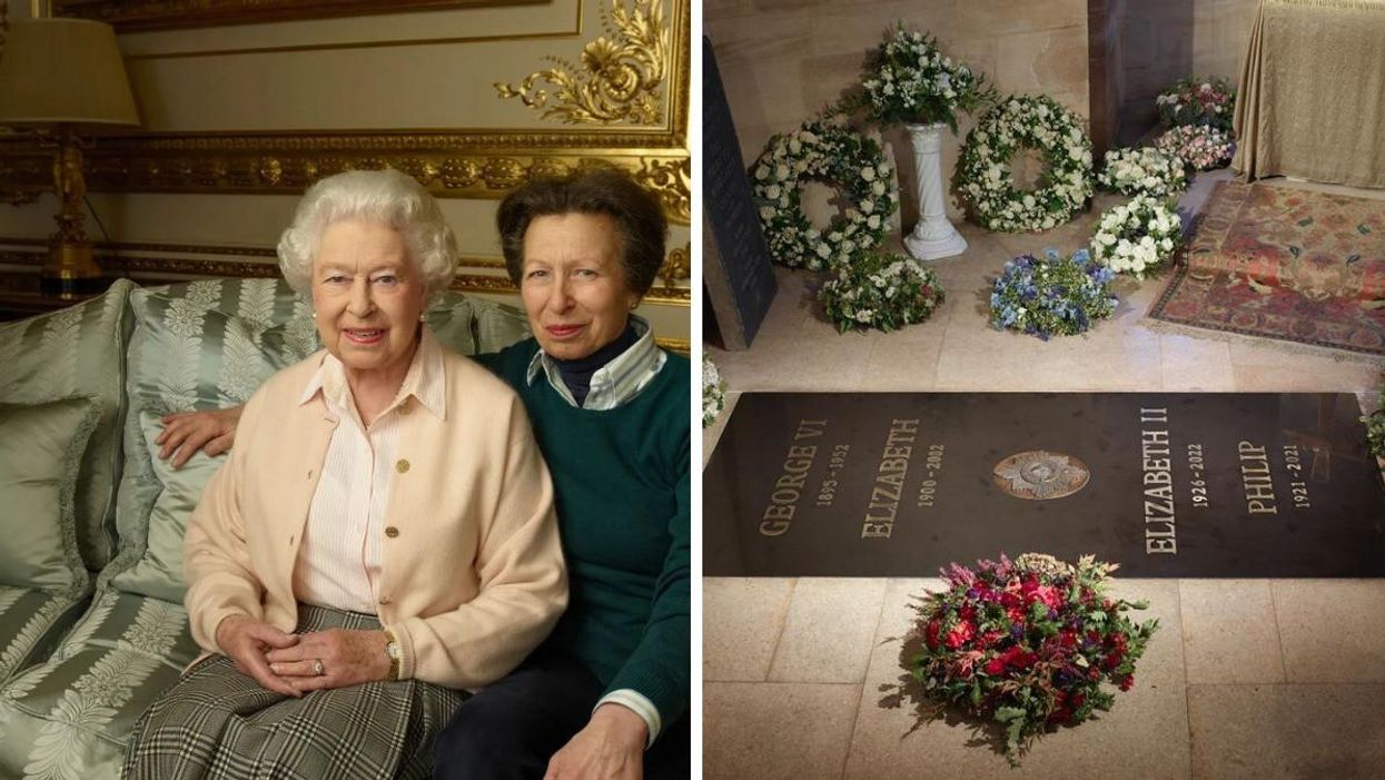 Queen Elizabeth and Princess Anne. Right: The tomb stone for members of the royal family.