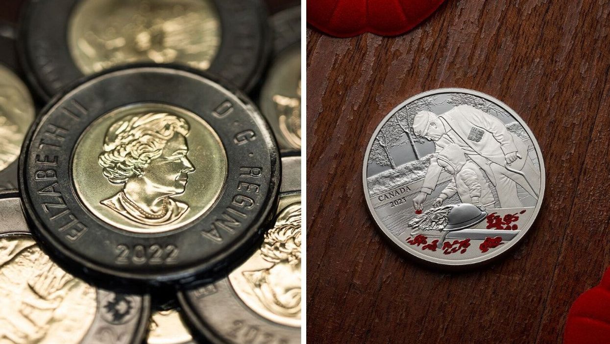 queen elizabeth black toonie. right: silver canadian coin with red poppies