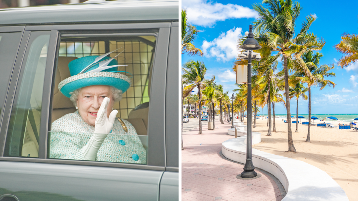 Queen Elizabeth II in a car. Right: The beach in South Florida.