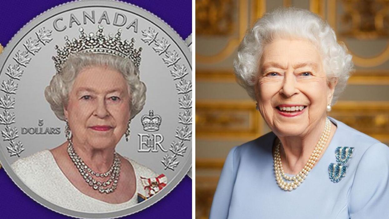 Queen Elizabeth II on a coin. Right: Queen Elizabeth II.