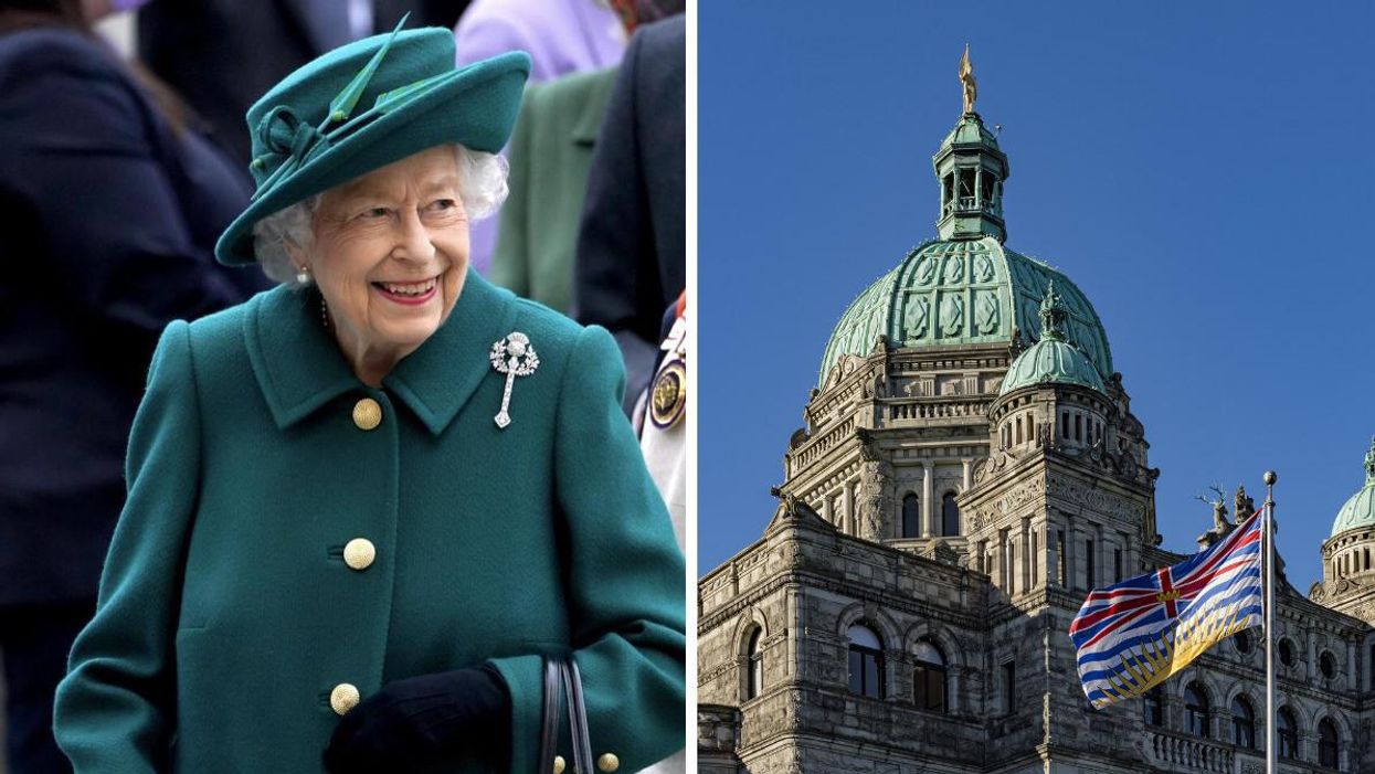 Queen Elizabeth II. Right: B.C. Parliament Building and B.C. flag.