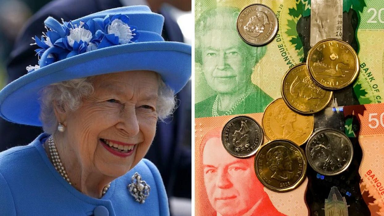 Queen Elizabeth II. Right: Canadian money, including the $20 bill and coins with Queen Elizabeth II on them.