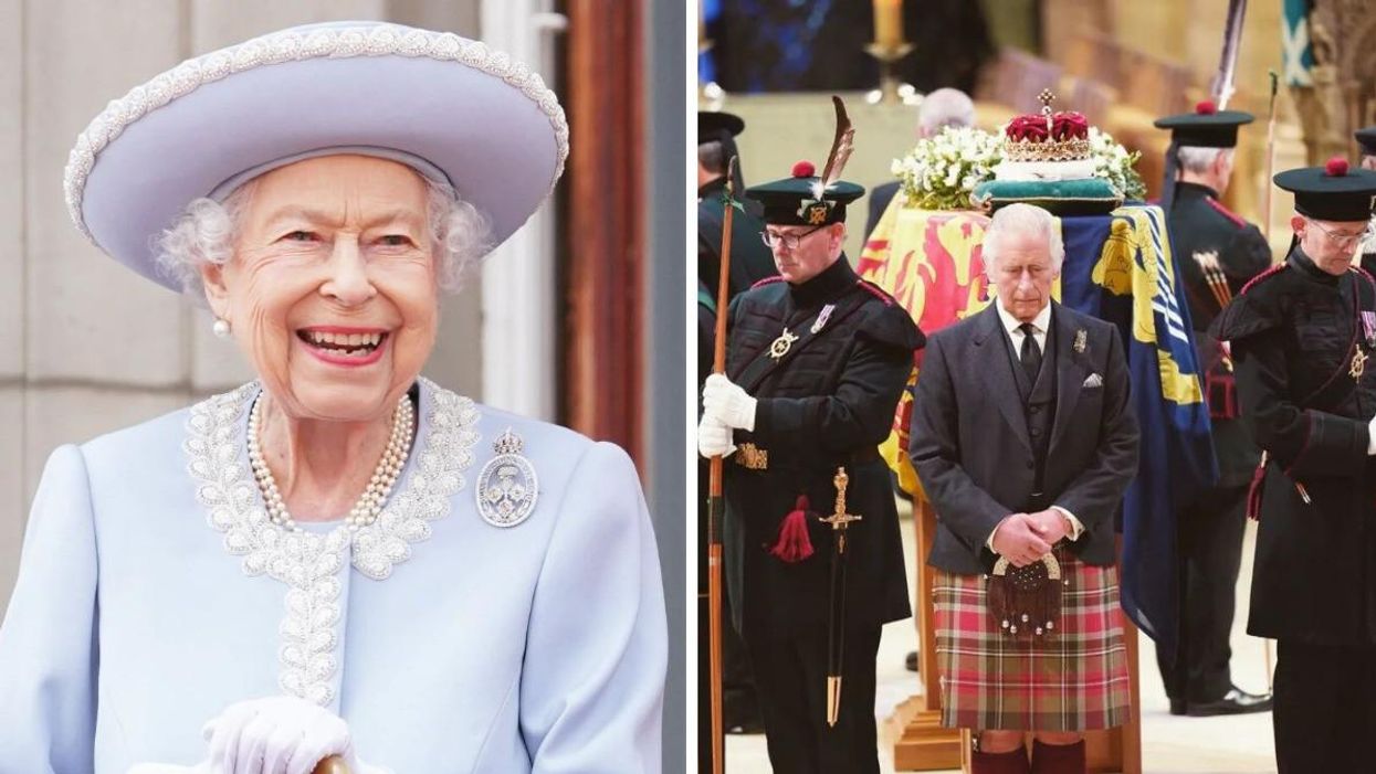 Queen Elizabeth II. Right: King Charles III with Queen Elizabeth II's coffin.