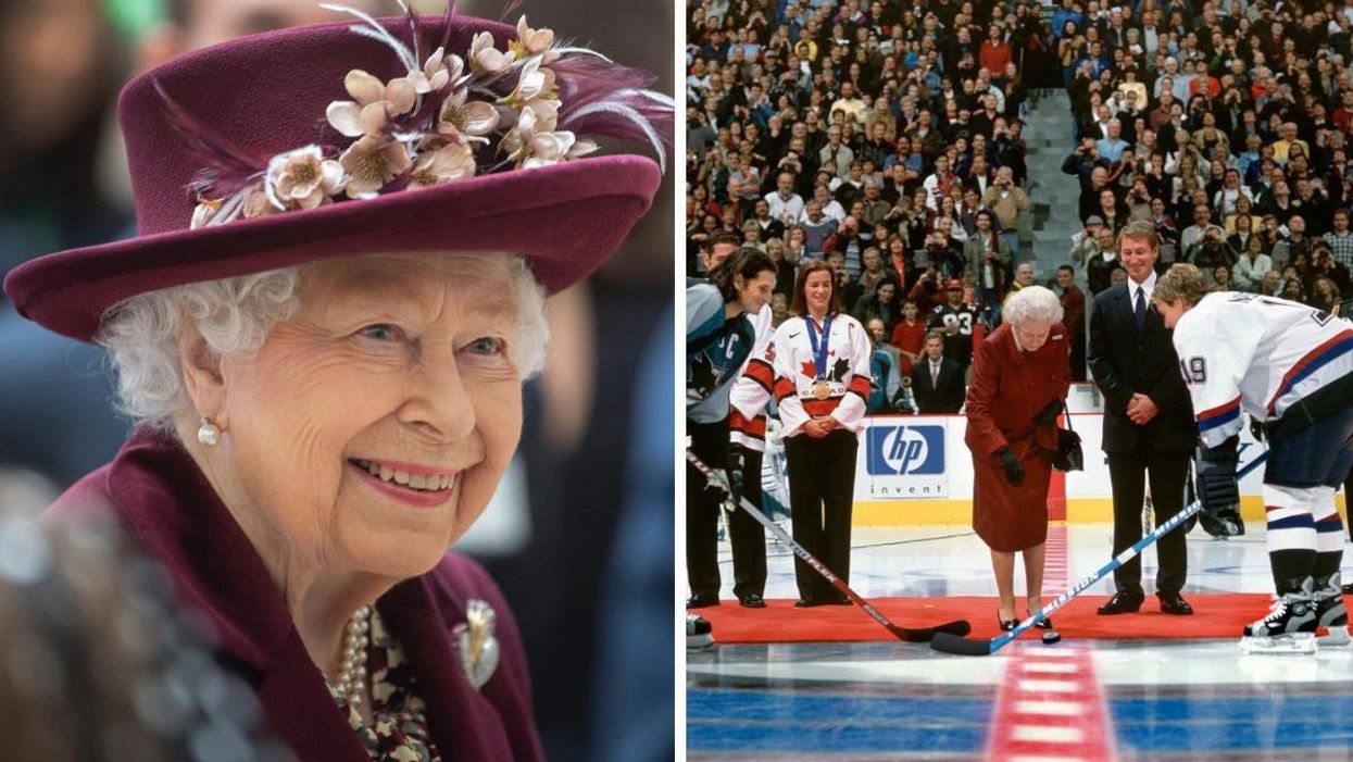 Queen Elizabeth II. Right: Queen Elizabeth II dropping a puck at Rogers Arena.