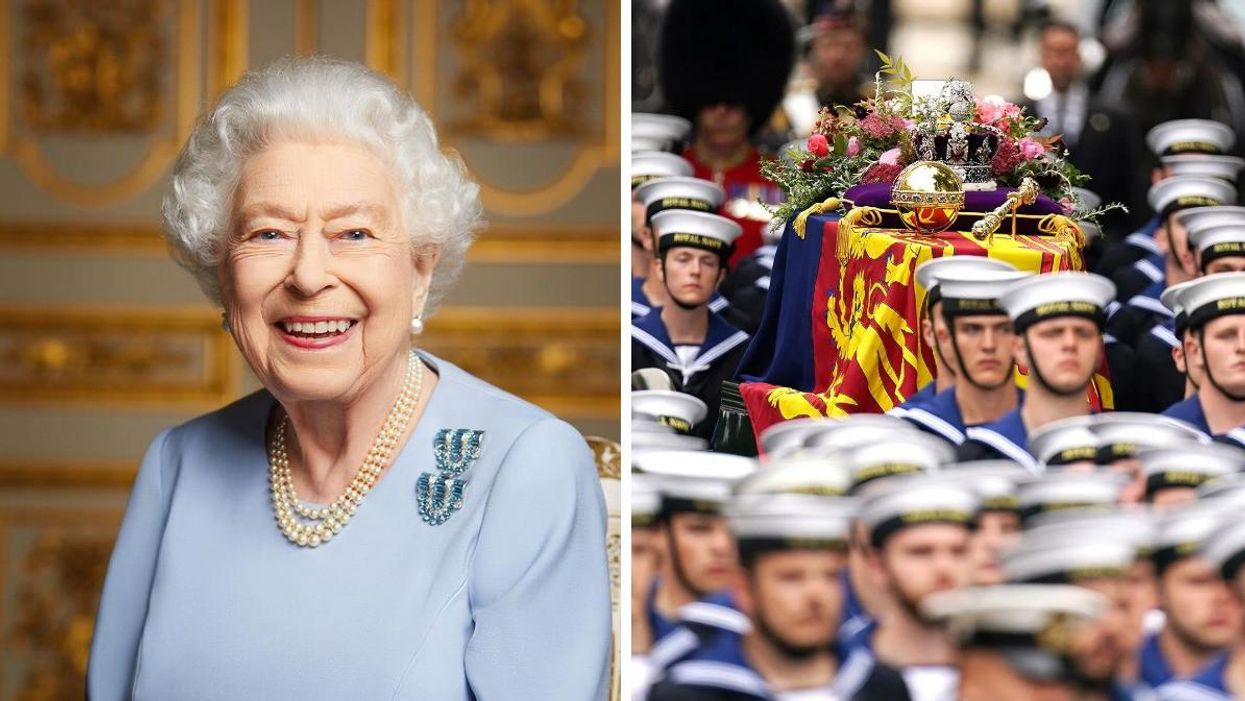 Queen Elizabeth II. Right: Queen Elizabeth's coffin at her funeral.