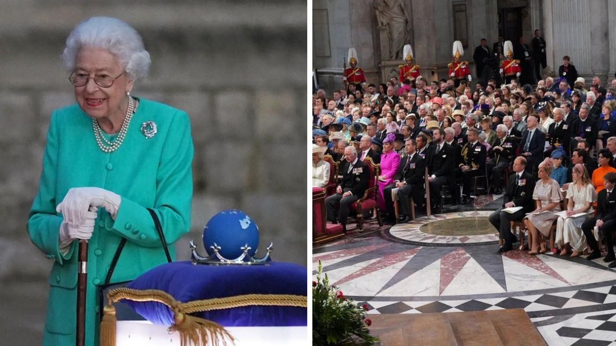 Queen Elizabeth II. Right: Royals and others gathered for the Platinum Jubilee thanksgiving service.