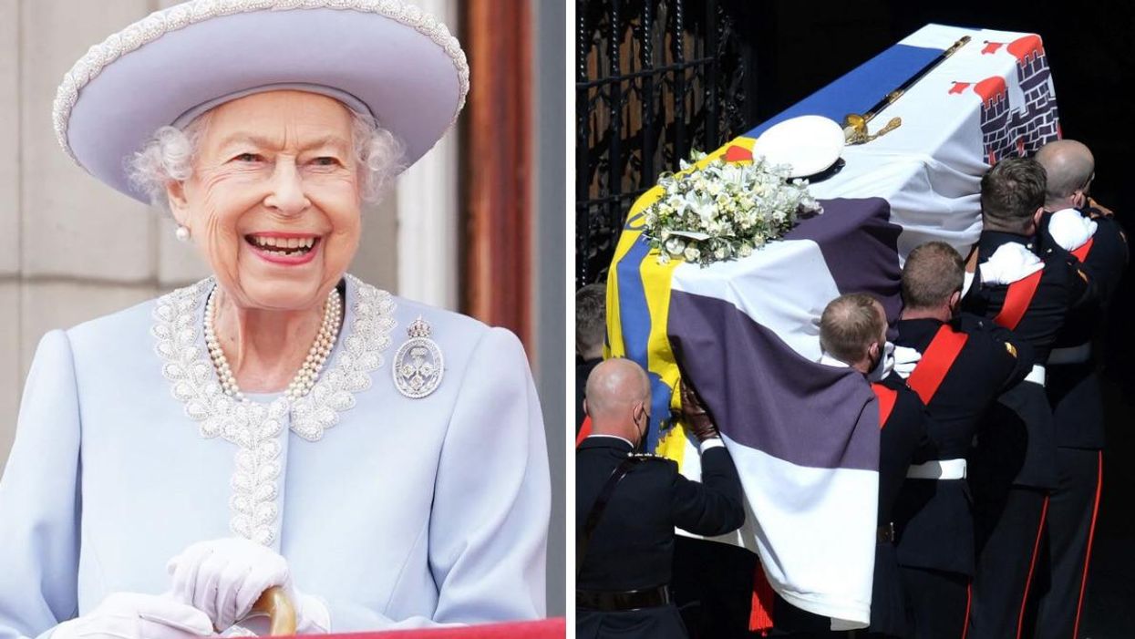 Queen Elizabeth II. Right: The coffin of Prince Philip being carried into Windsor Castle.