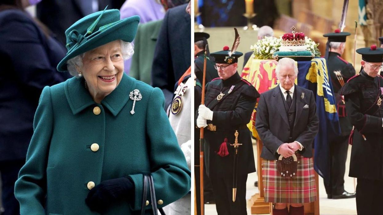 Queen Elizabeth II. Right: The queen's children hold a vigil beside her coffin in St Giles' Cathedral, Edinburgh.