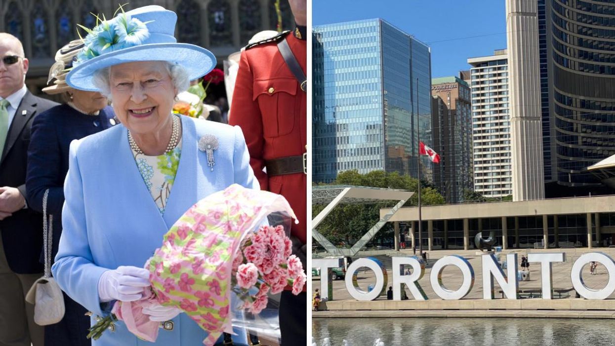 Queen Elizabeth II. Right: Toronto City Hall.
