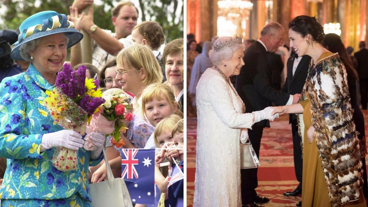 Queen Elizabeth II visits Australia in 2000. Right: Queen Elizabeth II with New Zealand PM Jacinda Ardern in 2018.