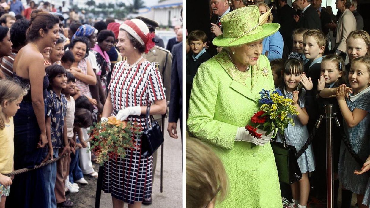 Queen Elizabeth II visits Barbados in 1977. Right: Queen Elizabeth II visits Northern Ireland in 2012.