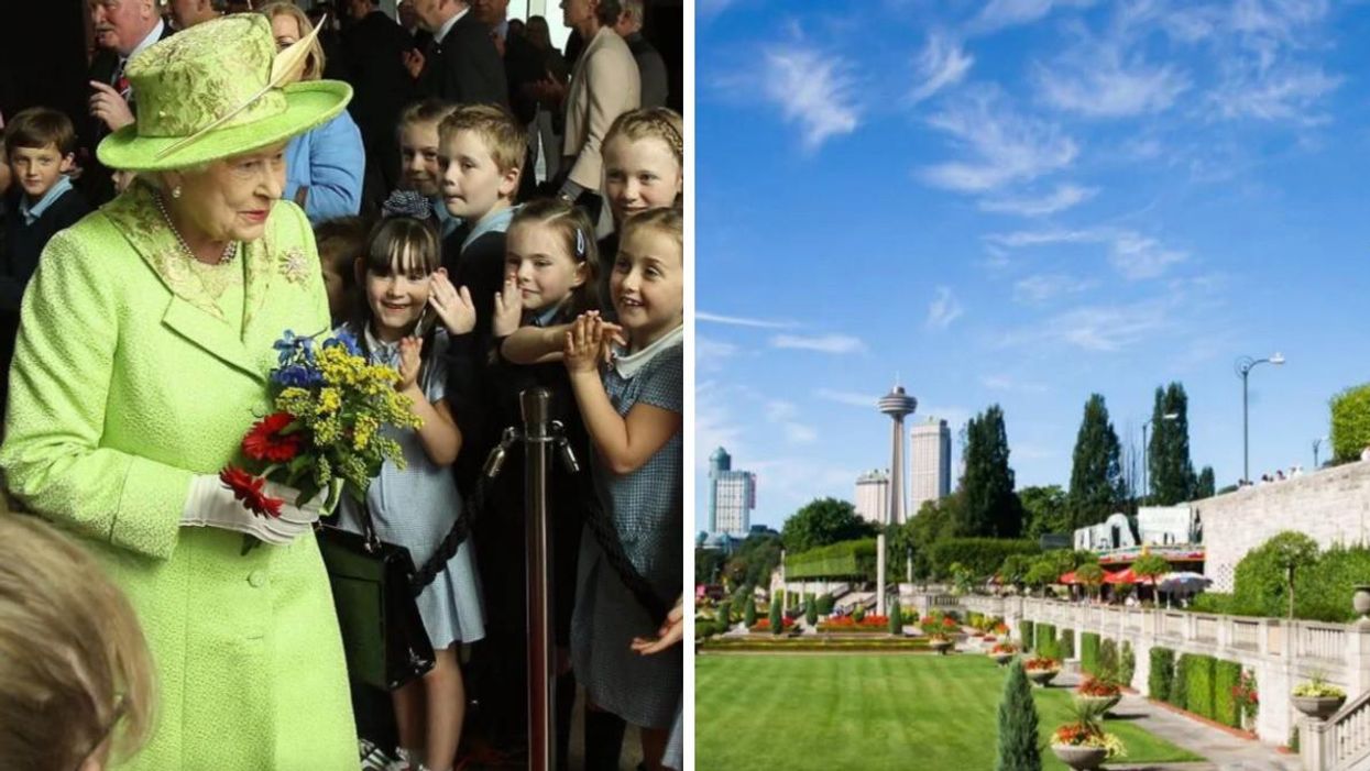 Queen Elizabeth II visits Northern Ireland in 2012. Right: City of Niagara Falls, Ontario.