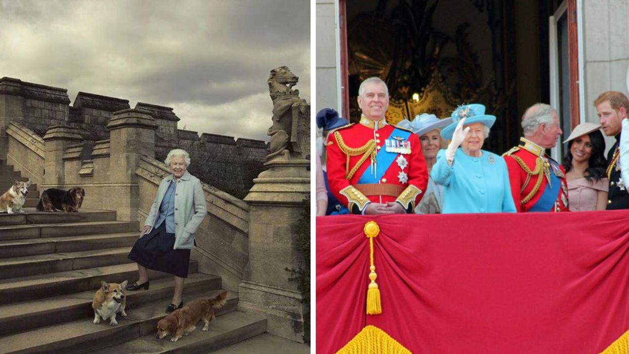 Queen Elizabeth II with her corgis. Right: Members of the royal family and the queen.