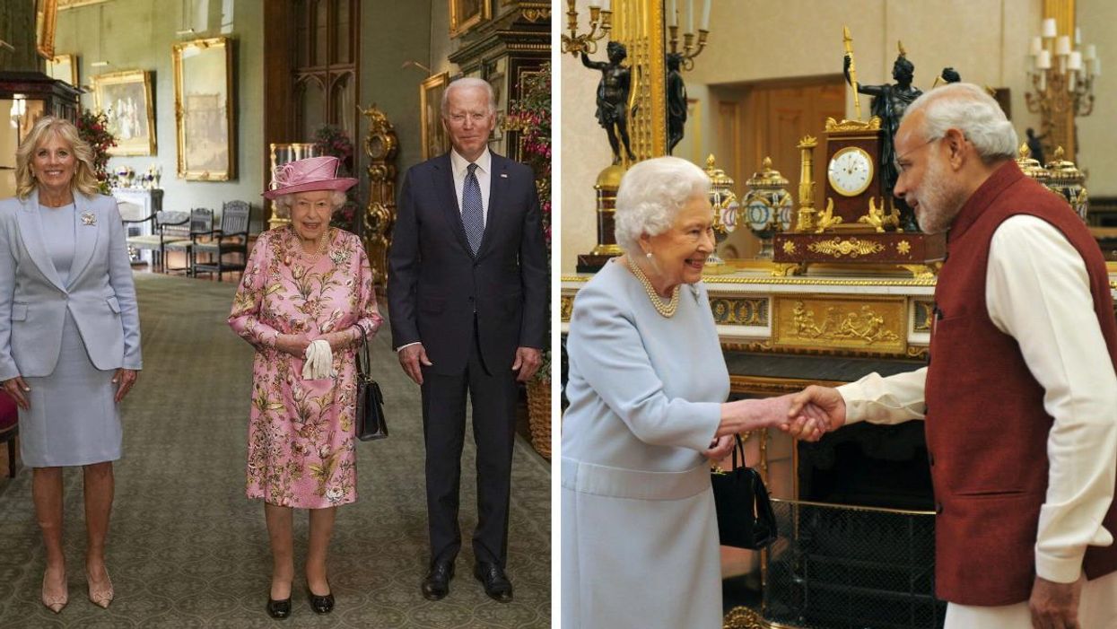 Queen Elizabeth with US President Joe Biden and First Lady Dr Jill Biden. Right: Queen Elizabeth and Indian prime minister Narendra Modi.