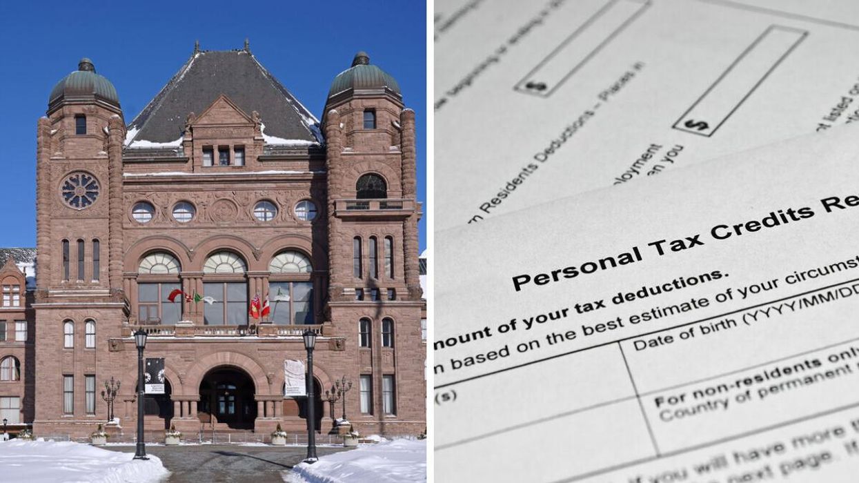 Queen's Park covered in snow. Right: A Canadian tax form