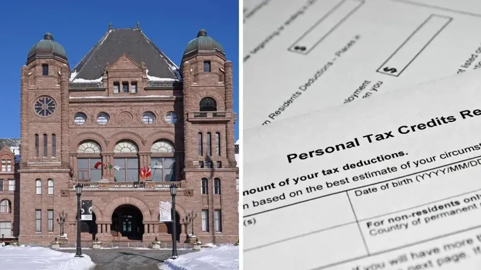 Queen's Park covered in snow. Right: A Canadian tax form