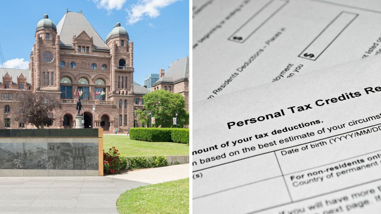 Queen's Park in Ontario. Right: A personal tax credit form.