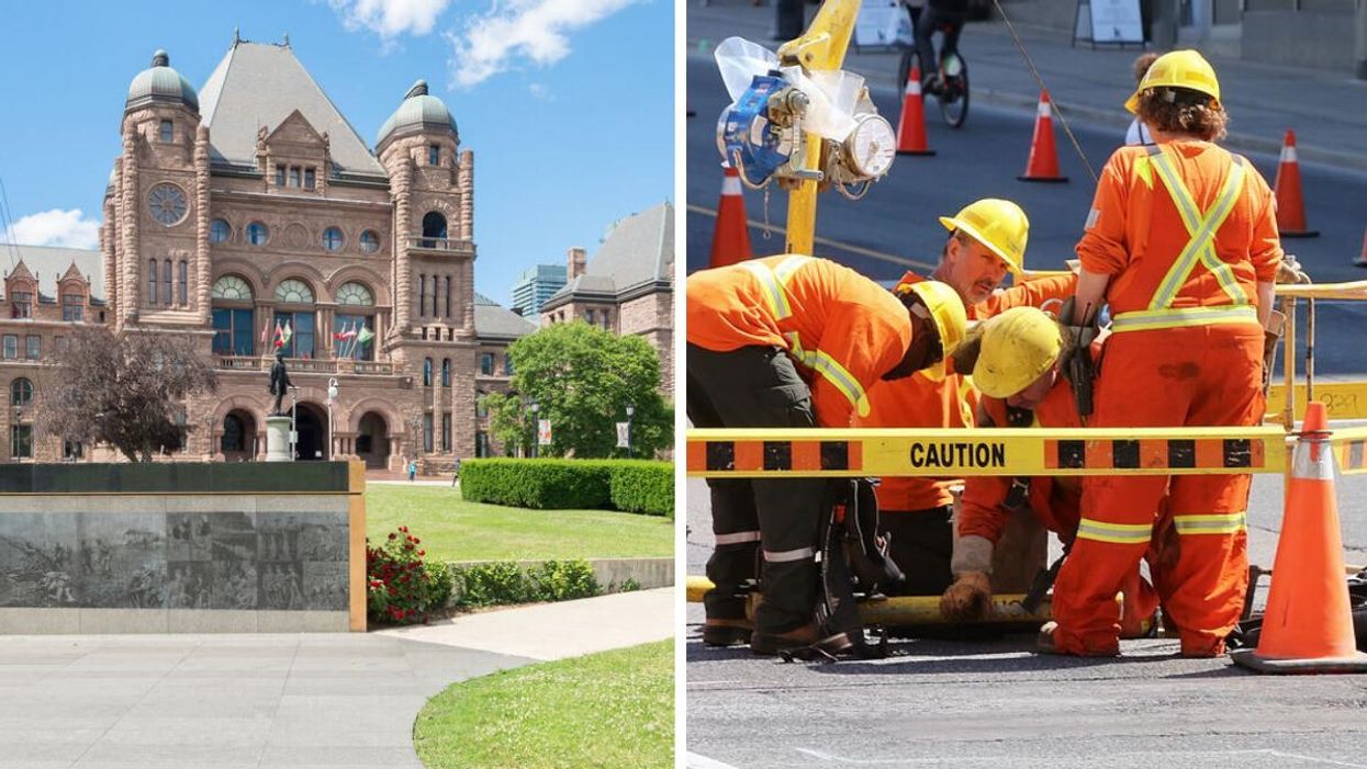 Queen's Park in Ontario. Right: Construction workers in Toronto