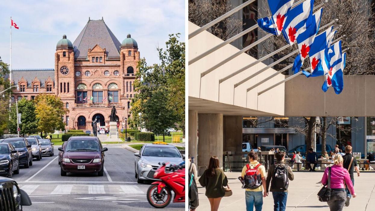Queen's Park in Toronto. Right: People walking in Toronto.