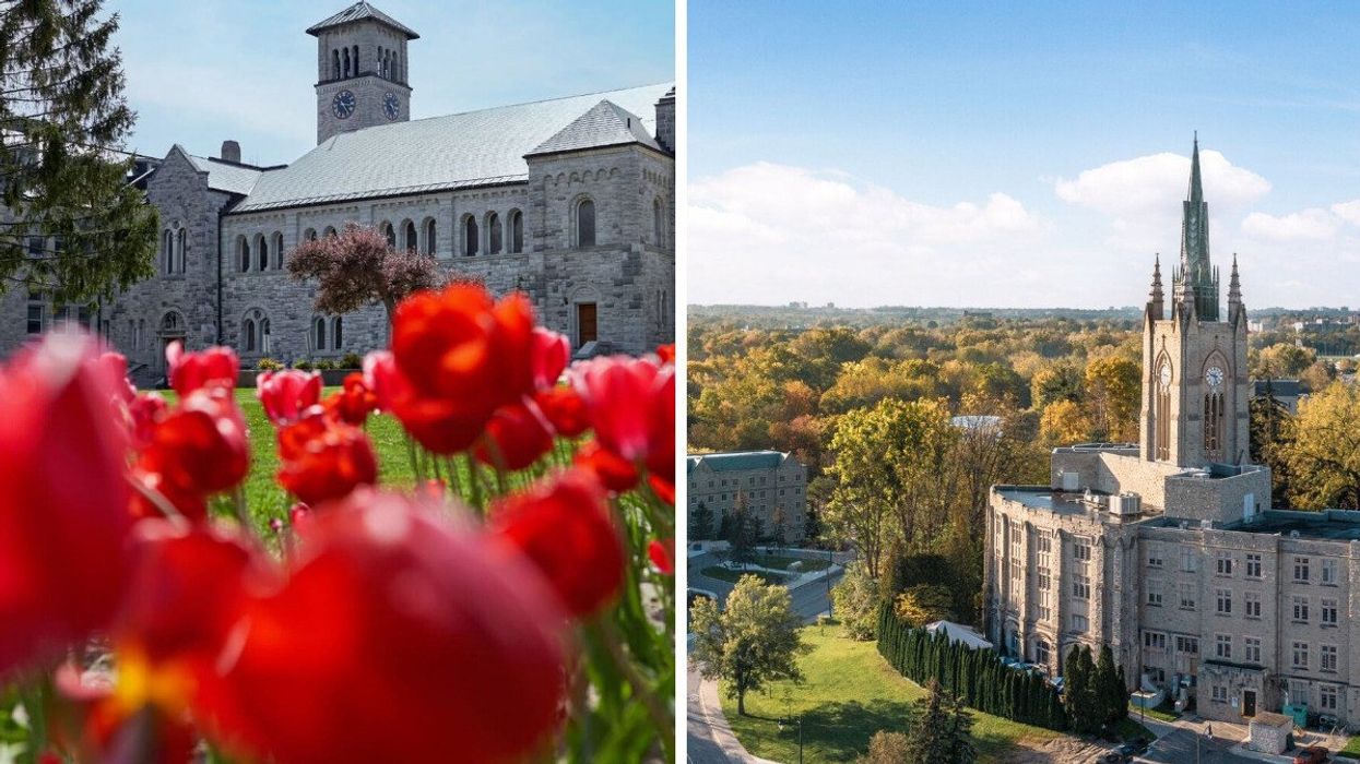 queen's university building with flowers in front of it. right: aerial view on buildings on western university campus